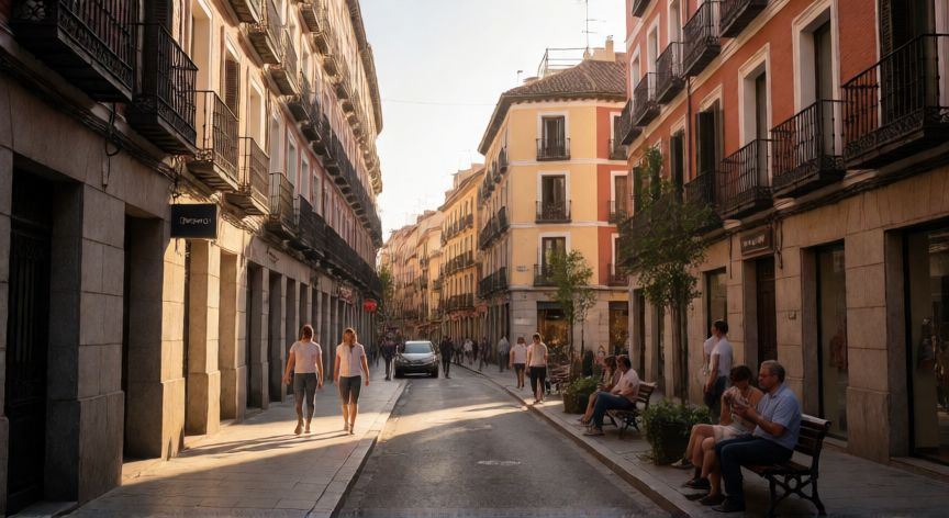 que paso realmente en malasaña 32, Vista callejera del barrio de Malasaña en Madrid con luz de atardecer