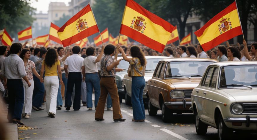 que paso tras la muerte de franco, Multitud celebrando en las calles de Madrid durante la transición democrática española