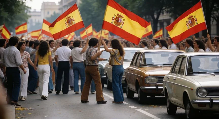 Multitud celebrando en las calles de Madrid durante la transición democrática española