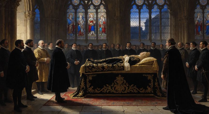 que paso tras la muerte de isabel la catolica, Escena histórica fúnebre de Isabel la Catolica en un claustro gótico con nobles luctuosos