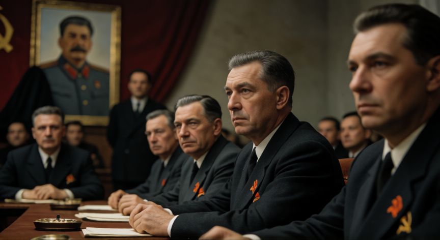 que paso tras la muerte de stalin, Líderes soviéticos en reunión tras la muerte de Stalin