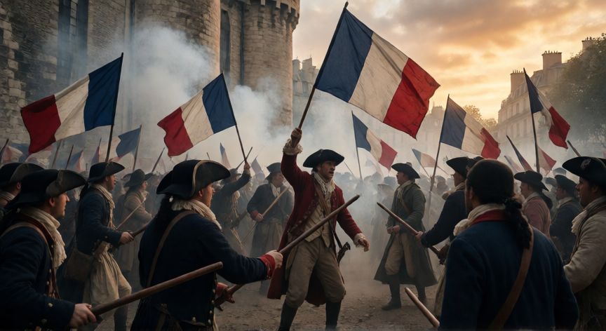 que paso un 14 de julio, Recreación histórica de la Toma de la Bastilla en París con multitudes y banderas tricolores