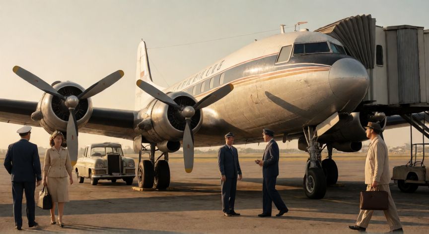 que paso un 2 de mayo, Aviación comercial en los años 50 con un avión de época en el aeropuerto