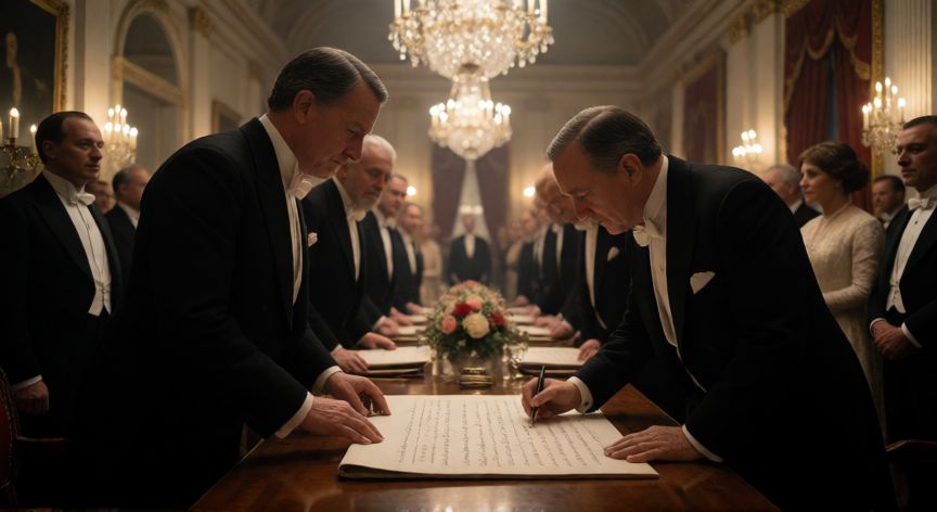 que paso un dia como hoy en la historia, Firma de un tratado histórico en un salón elegante con diplomáticos de principios del siglo XX