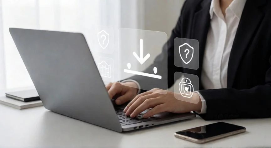 Persona revisando seguridad antes de descargar archivos en línea