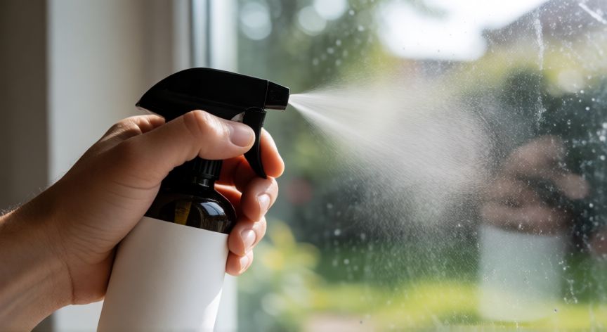 que producto es mejor para limpiar cristales, Mano aplicando limpiacristales con vinagre en una ventana sucia