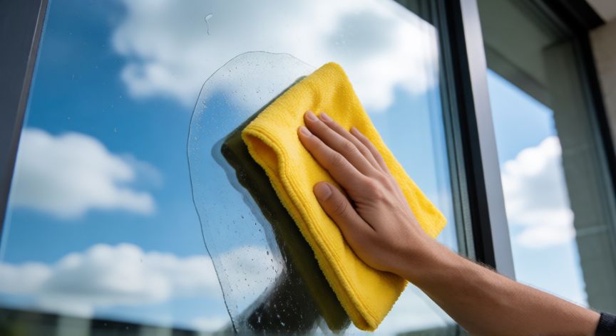 que producto es mejor para limpiar cristales, Persona frotando una ventana limpia con paño de microfibra amarilla