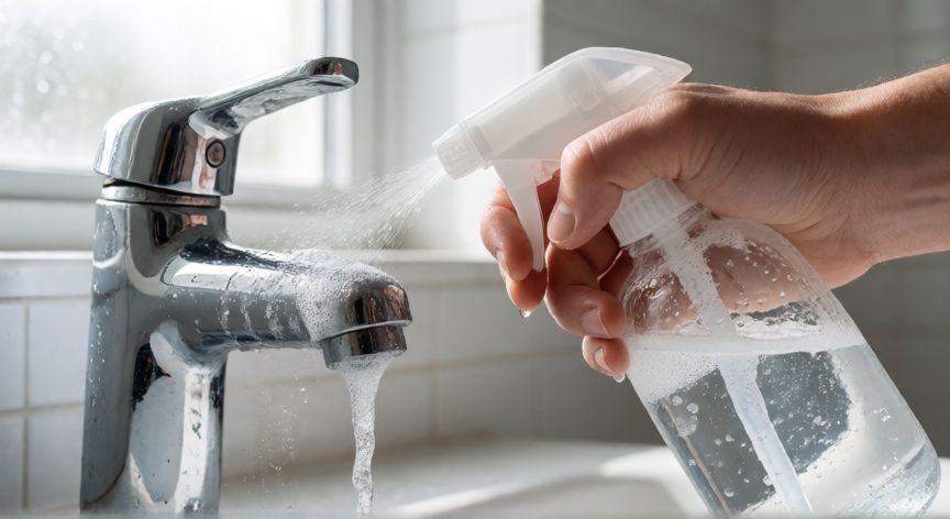 que producto es mejor para limpiar el baño, Mano aplicando limpiador en grifería de cromo en un baño moderno