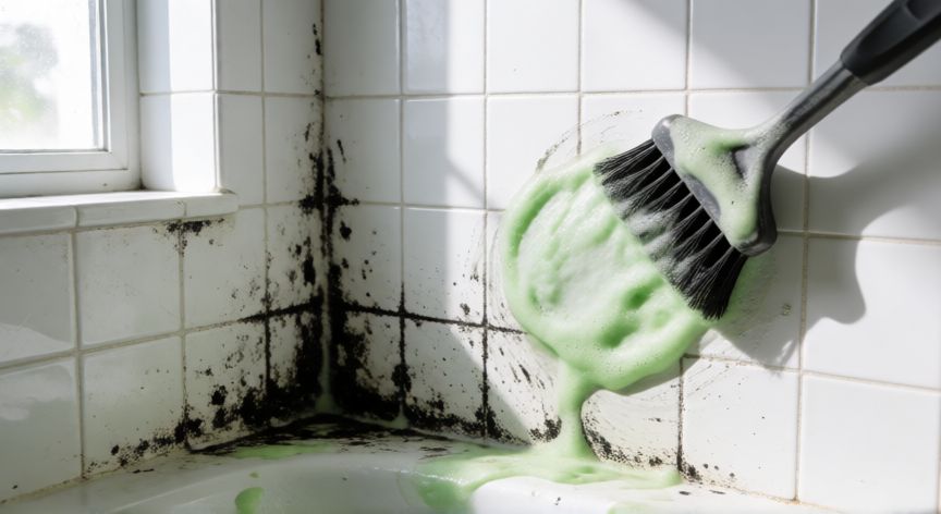 que producto es mejor para limpiar el baño, Limpieza de moho en juntas de azulejos con cepillo y espuma verde