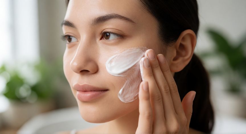 que producto es mejor para limpiar la cara, Mujer aplicando limpiador facial cremoso en su mejilla