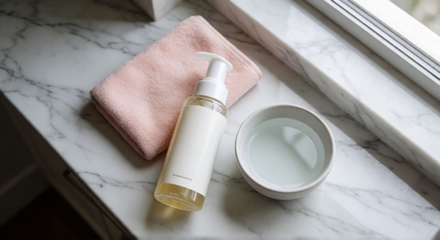 que producto es mejor para limpiar la cara, Productos de limpieza facial y paño suave sobre una mesa de mármol
