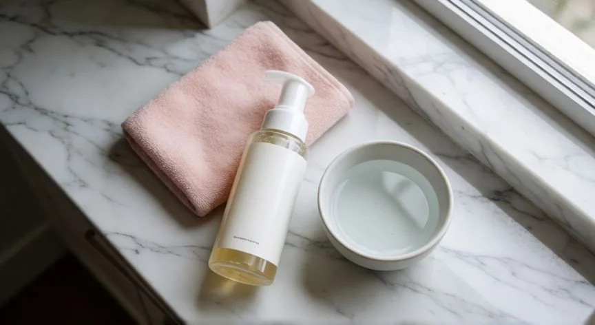 que producto es mejor para limpiar la cara, Productos de limpieza facial y paño suave sobre una mesa de mármol