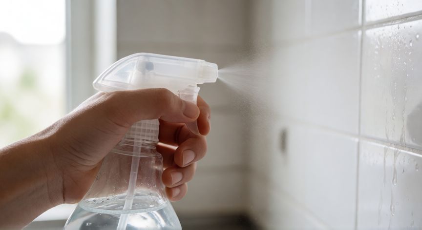 que producto es mejor para limpiar la cocina, Mano aplicando limpiador desengrasante sobre azulejos de cocina blancos