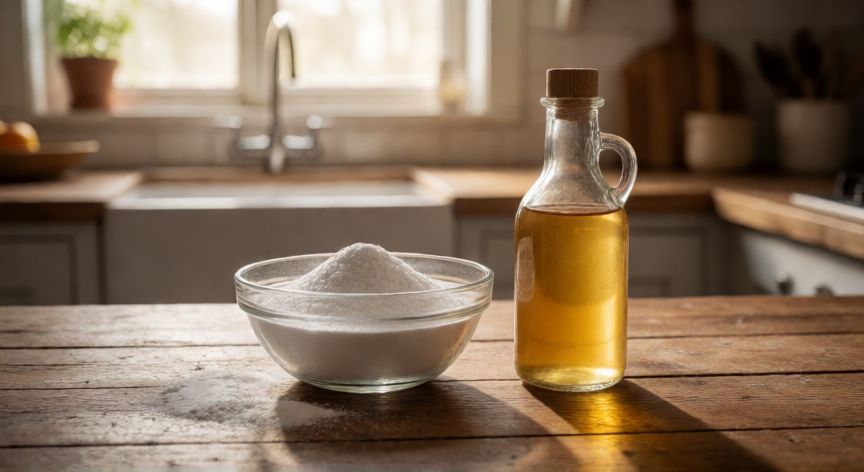 que producto es mejor para limpiar la cocina, Ingredientes naturales para limpieza: bicarbonato y vinagre en la encimera