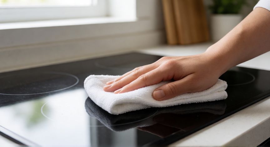qué producto es mejor para limpiar la vitrocerámica, Frotando la vitrocerámica con un paño de microfibra blanca para eliminar restos