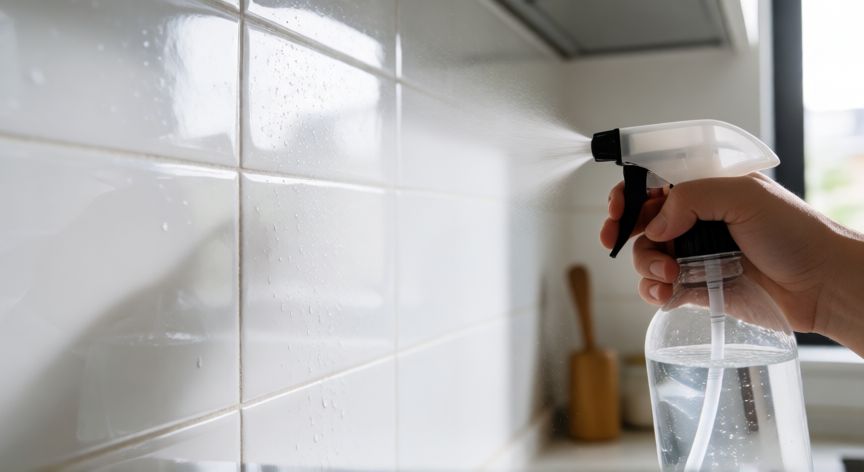 qué producto es mejor para limpiar los azulejos de la cocina, Aplicando limpiador de vinagre en azulejos de cocina blancos