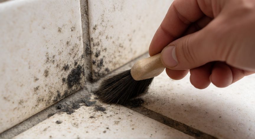 qué producto es mejor para limpiar los azulejos de la cocina, Limpiando juntas negras de azulejos con cepillo duro y pasta de bicarbonato
