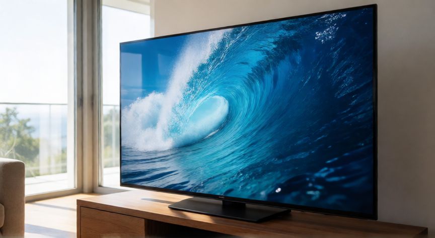 Televisor QLED brillando en un salón luminoso con luz natural