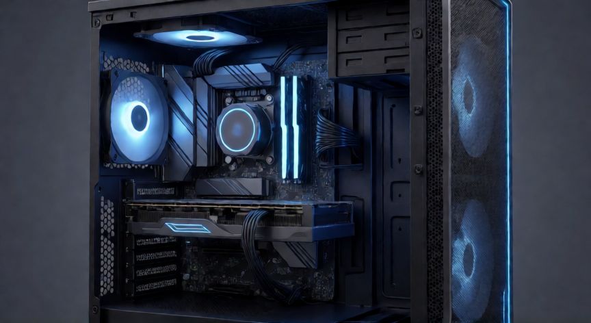 ¿qué sabes sobre el ordenador y sus periféricos, Vista interna de una torre de ordenador mostrando CPU, RAM y disco duro