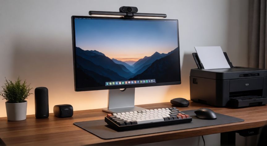 ¿qué sabes sobre el ordenador y sus periféricos, Escritorio de trabajo con monitor, teclado, ratón e impresora