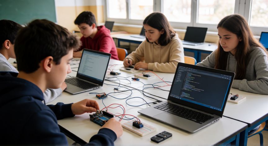 que se da en tecnologia 1 bachillerato, Aula de Tecnología de Bachillerato con estudiantes montando un proyecto electrónico con Arduino