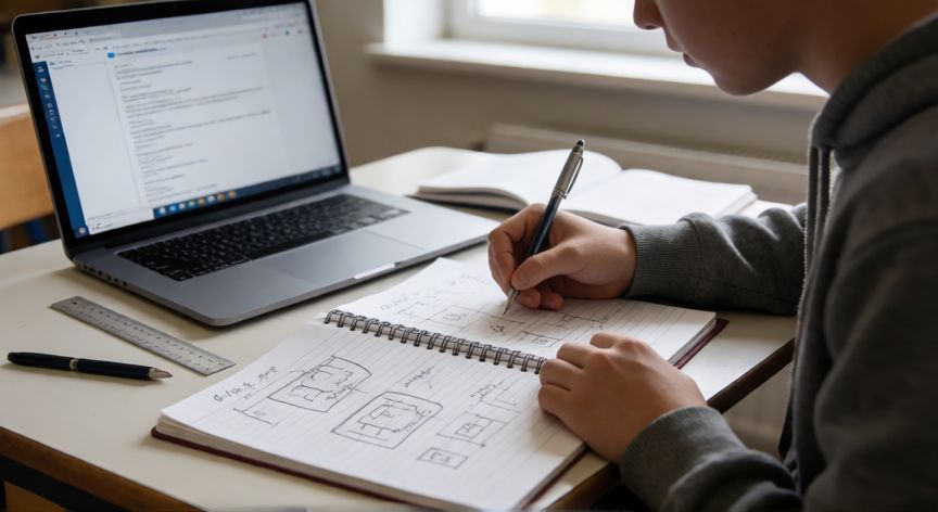 que se da en tecnologia 1 bachillerato, Estudiante de Bachillerato preparando un proyecto técnico con apuntes y portátil