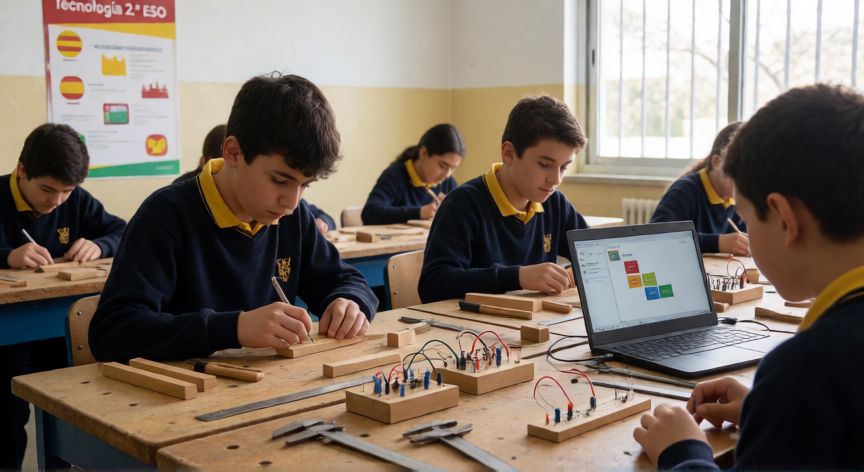 que se da en tecnologia 2 eso, Aula de Tecnología de 2.º ESO con estudiantes trabajando en circuitos y taller