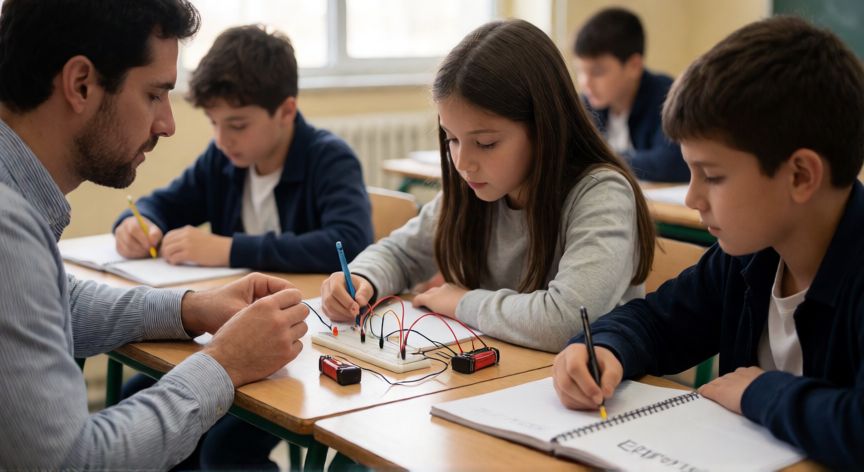 que se da en tecnologia 3 eso, Clase de Tecnología de 3º ESO con circuito eléctrico básico en el aula