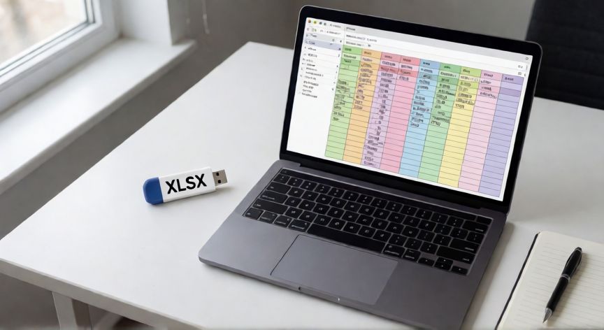 que significa en excel xlsx, Portátil mostrando una hoja de cálculo Excel con formato xlsx sobre un escritorio de oficina