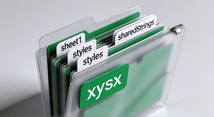 que significa en excel xlsx, Representación visual de la estructura interna ZIP de un archivo xlsx con carpetas XML
