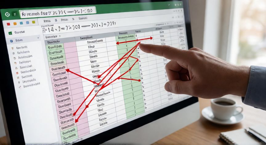 que significa formula incoherente en excel, Herramienta de rastreo de dependencias de Excel mostrando flechas entre celdas con fórmula problemática