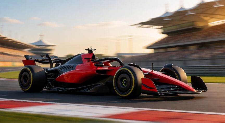 Coche de Fórmula 1 en pista durante un Gran Premio al atardecer