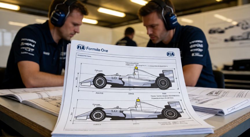 que significa formula one, Documento de reglamentos de Fórmula 1 abierto en un box de equipo de carreras