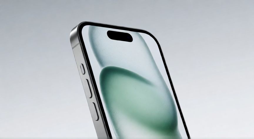 Vista detallada del hardware de un iPhone en un fondo minimalista