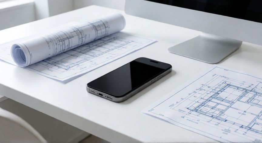 que significa iphone oem, Espacio de trabajo moderno con documentación técnica y un smartphone contemporáneo
