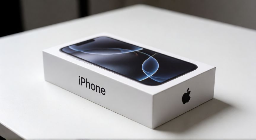que significa iphone open box, Caja de iPhone abierta sobre una mesa blanca