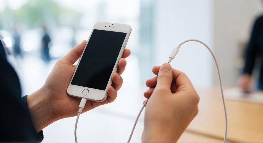 que significa iphone open box, Persona revisando un iPhone y su cable de carga