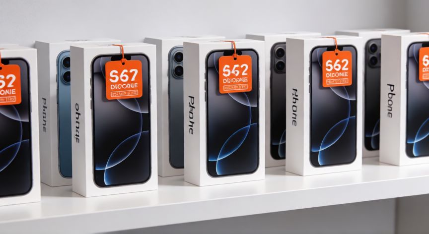 que significa iphone outlet, Estantería de tienda con cajas de iPhone y etiquetas de descuento outlet