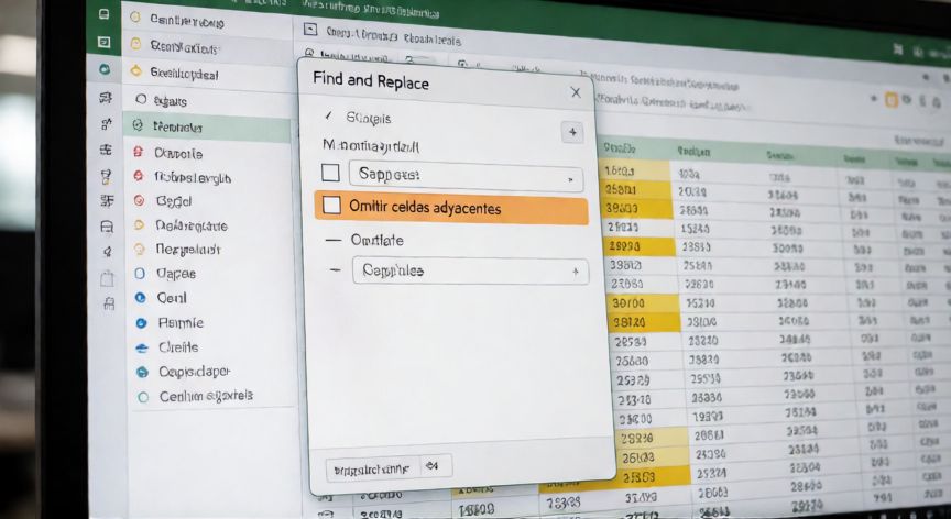 que significa la formula omite celdas adyacentes, Diálogo de Buscar y Reemplazar en Excel con la opción Omitir celdas adyacentes marcada