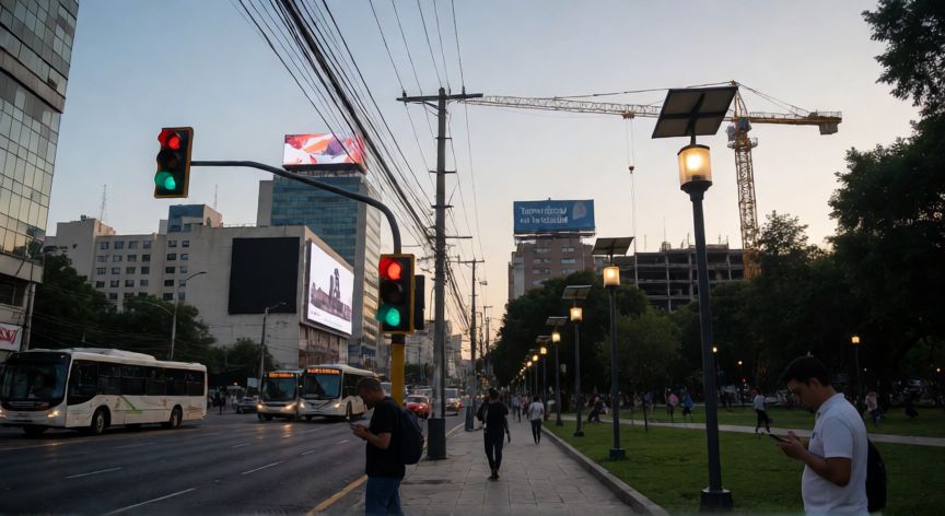qué significa la tecnología, Ciudad de noche con infraestructura urbana, transporte y dispositivos que ilustran la tecnología integrada en la vida cotidiana