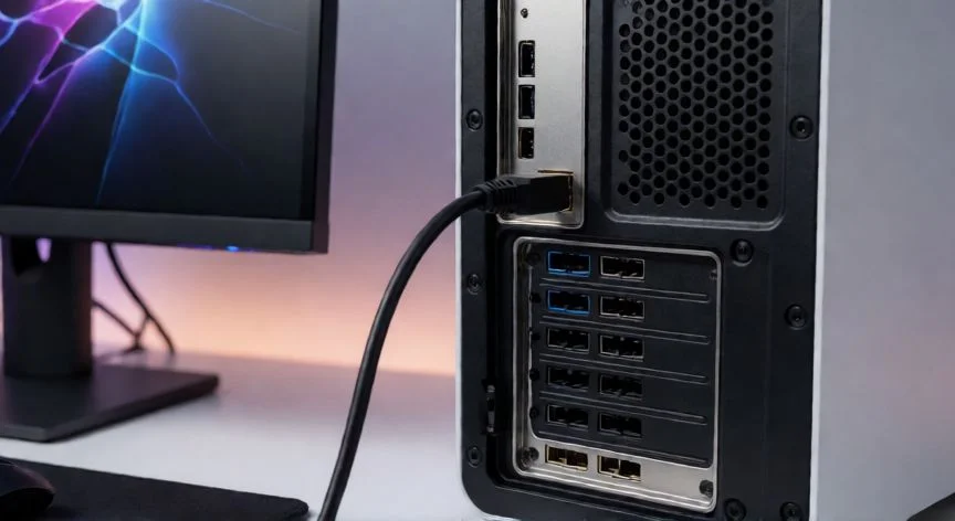 Cable HDMI conectado firmemente entre ordenador y monitor
