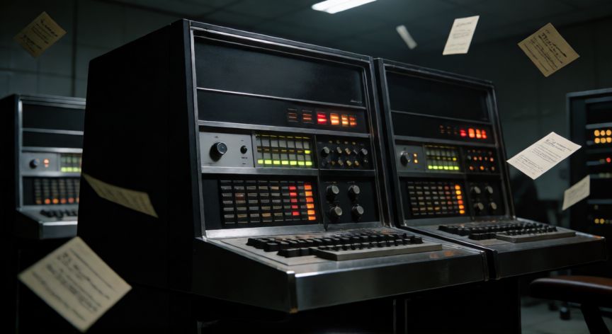 qué significa ordenador, Maquinaria informática antigua tipo mainframe con tarjetas perforadas