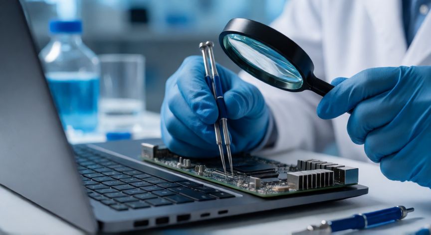 que significa ordenador reacondicionado, Tecnico revisando la placa base de un ordenador reacondicionado en laboratorio