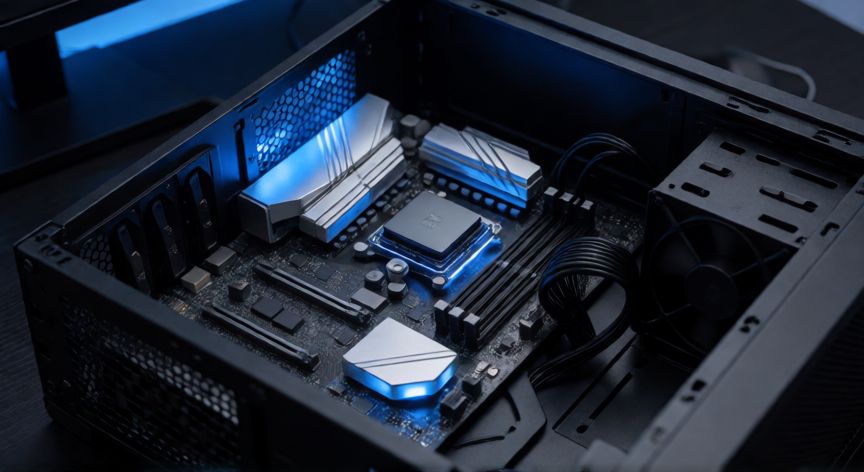 que significa que un ordenador no tiene sistema operativo, Vista interior de un ordenador de sobremesa mostrando los componentes de hardware sin monitor encendido