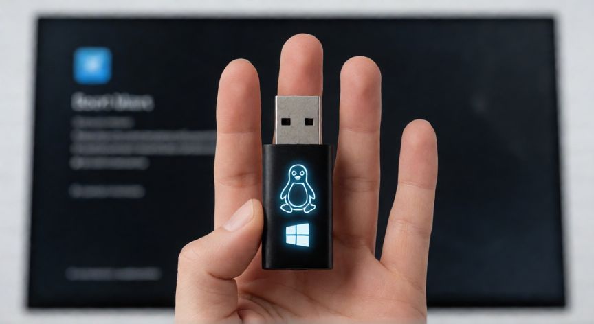 que significa que un ordenador no tiene sistema operativo, Mano sosteniendo una memoria USB para instalar un sistema operativo frente a un monitor con menú de arranque