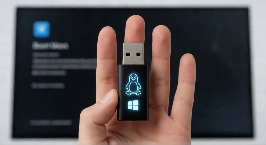 que significa que un ordenador no tiene sistema operativo, Mano sosteniendo una memoria USB para instalar un sistema operativo frente a un monitor con menú de arranque