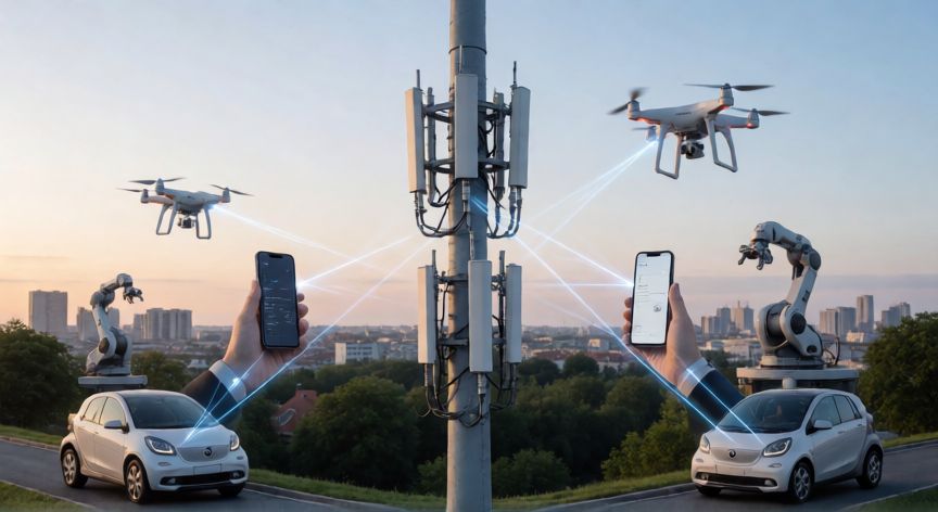 que significa tecnologia 5g, Antena 5G conectando móviles, vehículos y robots en una ciudad inteligente