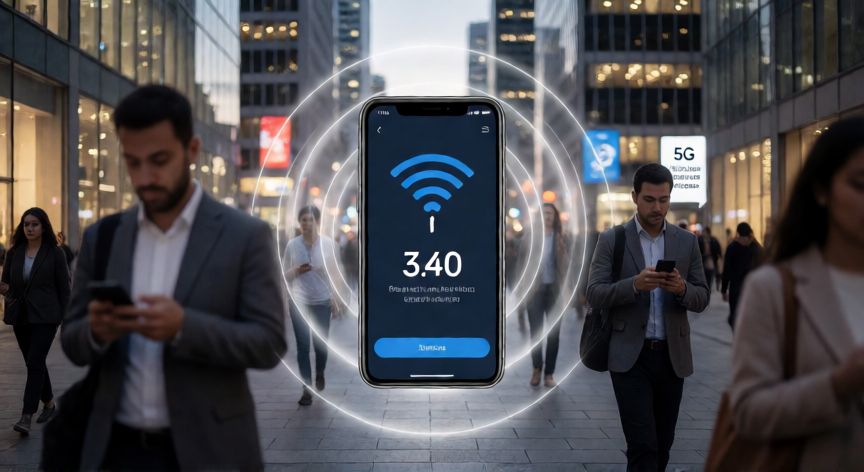 qué significa tecnología 5g y cómo mejora la conexión a internet, Smartphone con señal 5G en una ciudad conectada de noche