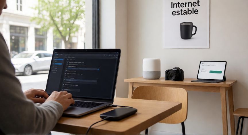 qué significa tecnología 5g y cómo mejora la conexión a internet, Persona usando internet 5G con varios dispositivos conectados en una cafetería