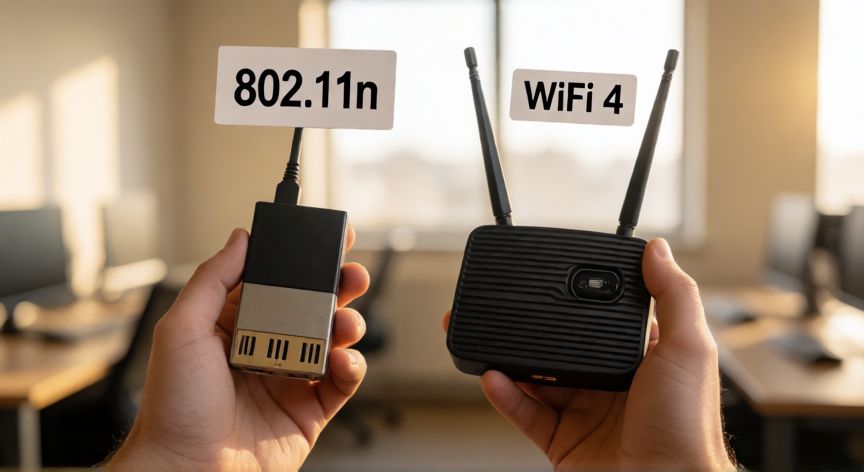 que significa tecnología wifi 4, Persona sosteniendo un adaptador de red y un router con etiqueta de 802.11n